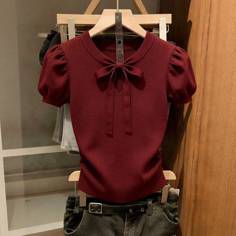 Women's Red Short-Sleeve T-Shirt with a Straight Shoulder Design, 2026 Summer New Korean Style, High-End Feel, Tie-Up Slim-Fit Short Top