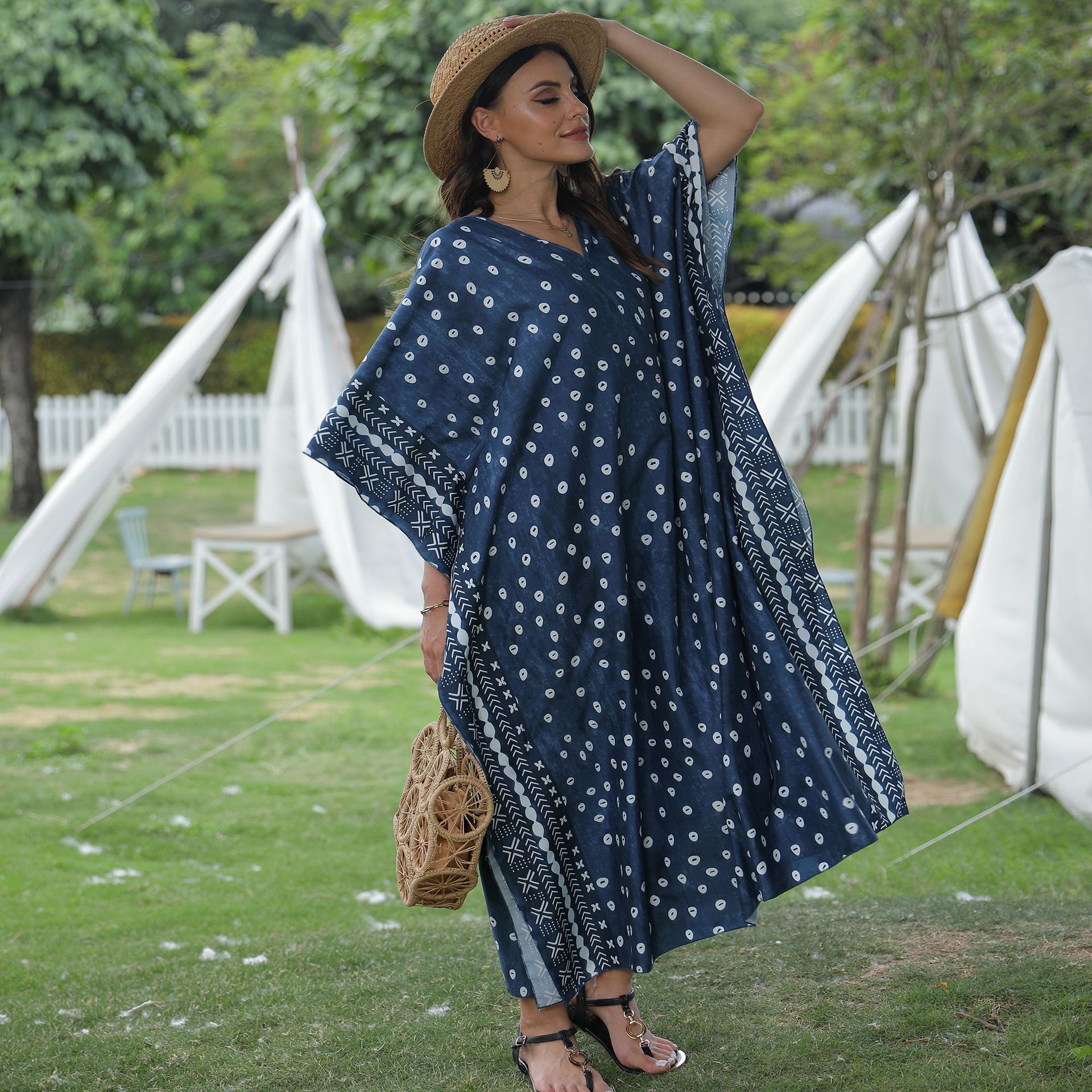 Cruzar la frontera europea y americana suelta casual con cuello en V vestido de traje ropa de protección solar playa vacaciones bikini blusa 5D97