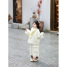 黎巴拉童装631冬季女童新款韩系高级极简风加厚白色格子棉服套装