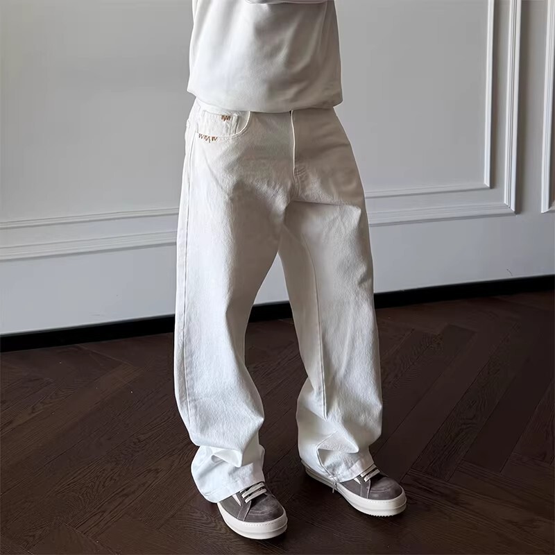 Cleanfit White Straight-Leg Jeans for Men with Hand-Stitched Design, Slim Fit, Slightly Flared Wide-Leg Pants