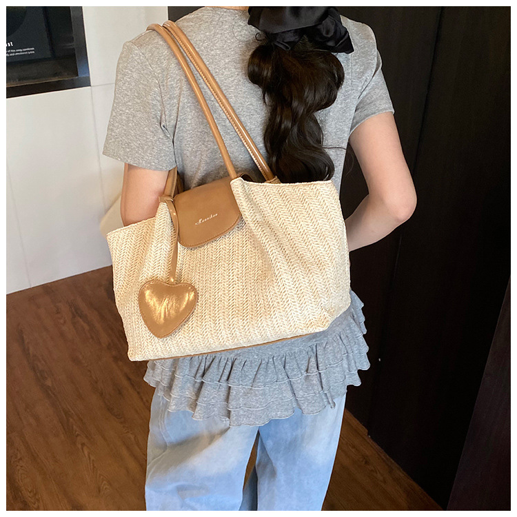 French niche straw woven large-capacity tote bag for women 2025 summer casual vacation beach woven single-shoulder bag trend undefined
