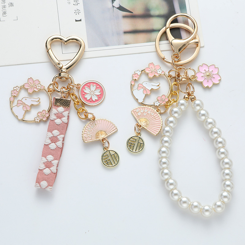 Small Fresh Webbing Pearl Chain Key Chain Pendant Alloy Cherry Blossom Rabbit Folding Fan Accessories Headphone Cover Bag Decoration