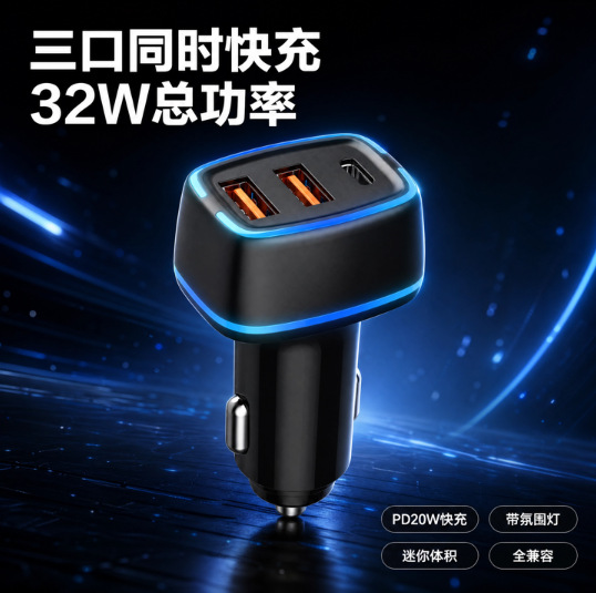 发光带灯车载充电器 PD 快充 USB 点烟器转换头汽车车用手机闪充