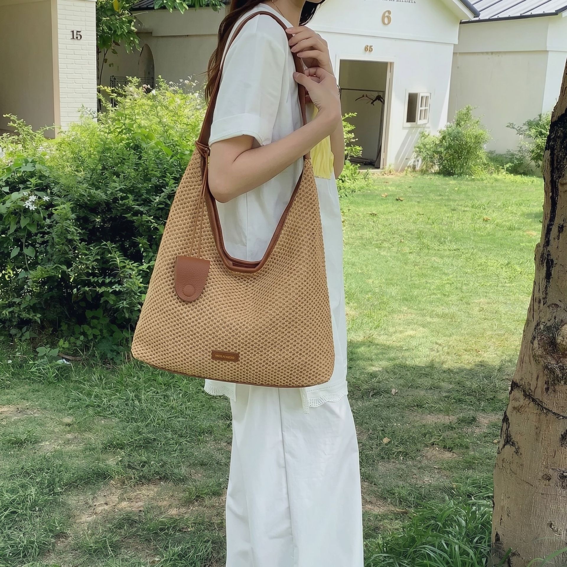 Sommerliche Stroh-Einkaufstasche im französischen Stil, Strandtasche, gestreift, gewebt, 2026_voghion.com