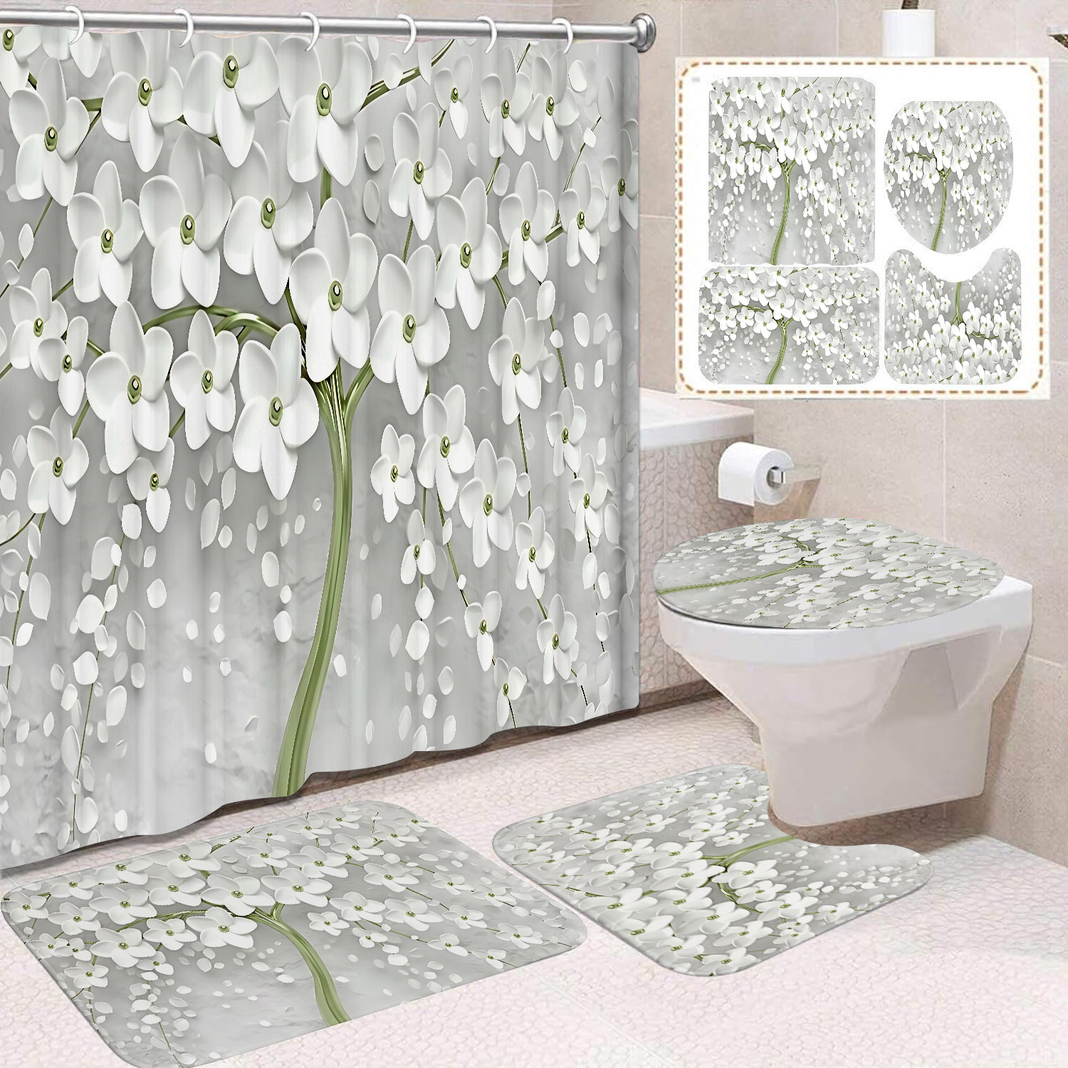 Flor blanca cortina de baño inodoro cortina de partición impermeable de baño cortina de lavado separación seca y húmeda cortina de puerta colgante sin agujeros