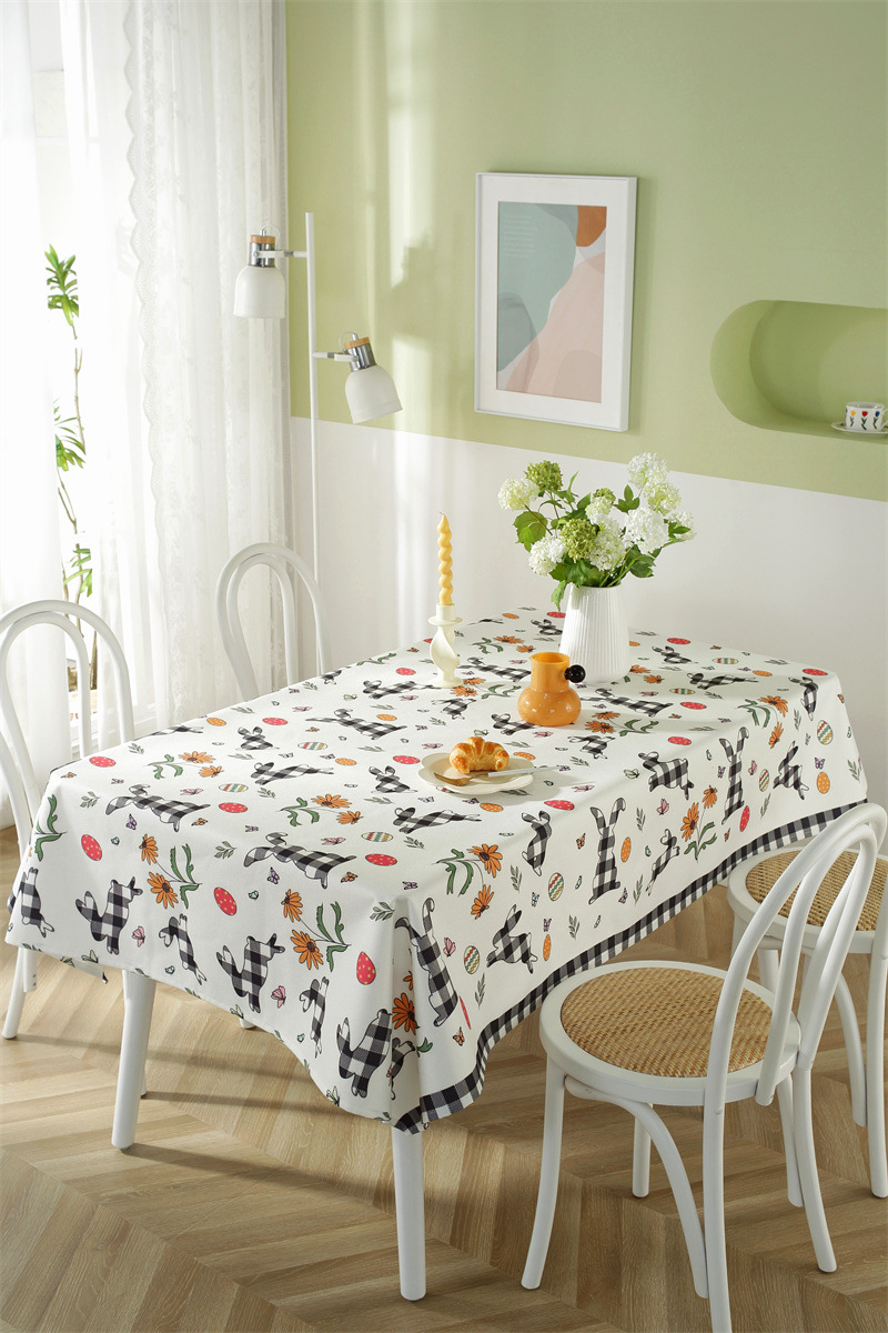 Tovaglia da caffè impermeabile in poliestere con stampa a quadri pasquali, coniglietti e fiori primaverili. Copertura per tavolo da pranzo_voghion.com