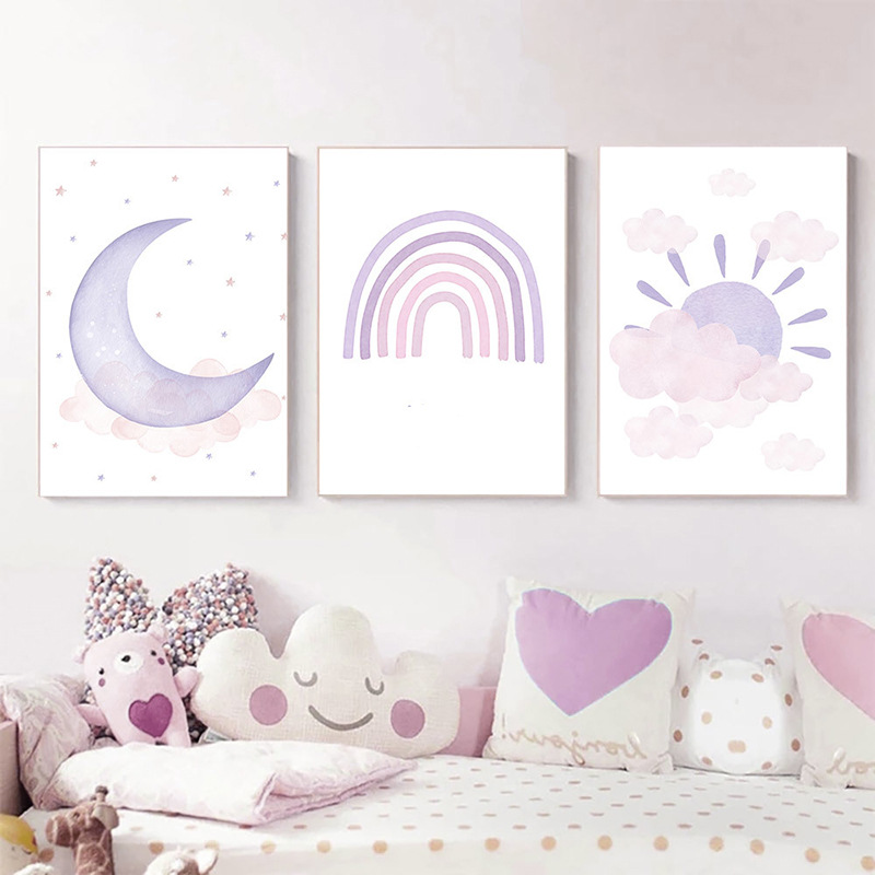 Kinderzimmerwand Aquarell Rosa Lila Wetter Regenbogen Sonne Stern Mond Babyzimmer Hanin Leinwand Dekorativ_voghion.com