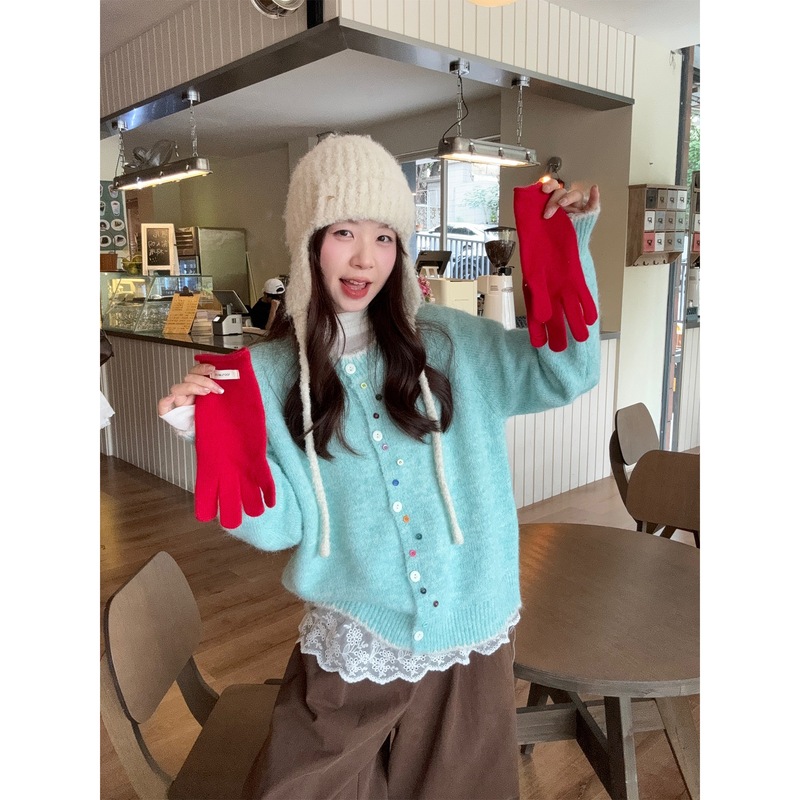 实拍~秋季新款韩版宽松彩扣撞色软糯百搭针织毛衣开衫外套女88410|undefined