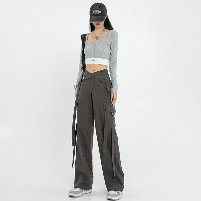American-Style Gray Wide-Leg Cargo Jeans for Women, Autumn Retro High-Waisted Design, Trendy Straight-Leg Extended Pants American-Style Gray Wide-Leg Cargo Jeans for Women, Autumn Retro High-Waisted Design, Trendy Straight-Leg Extended Pants