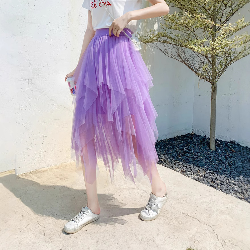 Carefully Selected Multi-Layered Mesh Irregular Skirts, New European and American Style Color-Blocking Versatile Elastic Waist Mid-Length Skirts Carefully Selected Multi-Layered Mesh Irregular Skirts, New European and American Style Color-Blocking Versatile Elastic Waist Mid-Length Skirts