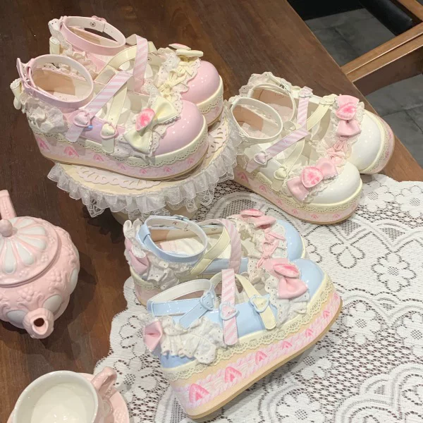 Cute Lolita Shoes with Platform Soles, Thick-Soled Fairy Lolita Shoes for Girls, Sweet Cream Strawberry Leather Shoes