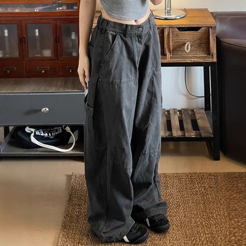 American Retro Gray Work Jeans for Men and Women in Spring and Autum New Style Washed and Distressed Loose Wide-Leg Casual Pants American Retro Gray Work Jeans for Men and Women in Spring and Autum New Style Washed and Distressed Loose Wide-Leg Casual Pants