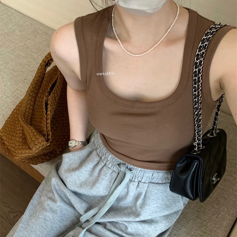 METWO cóncavo cuello negro con coaster chaleco camisola verano pecho grande corto casual temperamento superior desgaste exterior desgaste interior