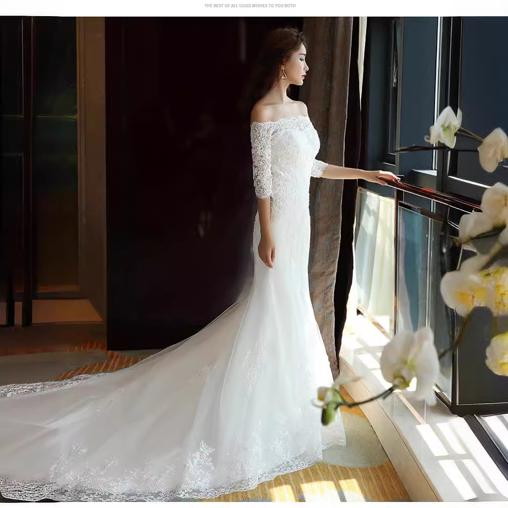 Wedding Dress 2025 New Bridal One-Shoulder Waist Slimming Look Fishtail Small Tail Dreamy Wedding Dress