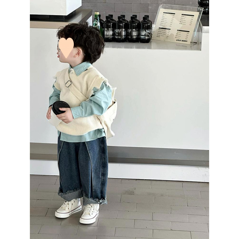 어린이 세트 가을 찢어진 스웨터 블루 셔츠 청바지 3 피스 세트 의 선생 원피스 소년 가을과 겨울