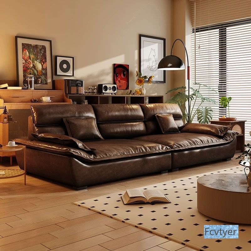 Vintage-Style American Sofa with Cat Scratch Protection, High-End Oil Wax Leather Sofa, Straight Row Retro Leather