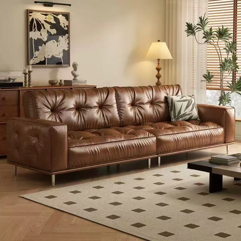 Designer's New Mid-Century Style Oil Wax Leather French Retro Genuine Leather Small Apartment Brown Living Room Home Straight Sofa 3