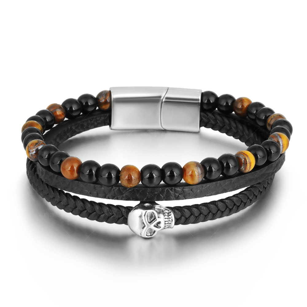 Cross-border e-commerce natural Tiger Eye stone skull leather bracelet wholesale men's punk style stainless steel bracelet spot