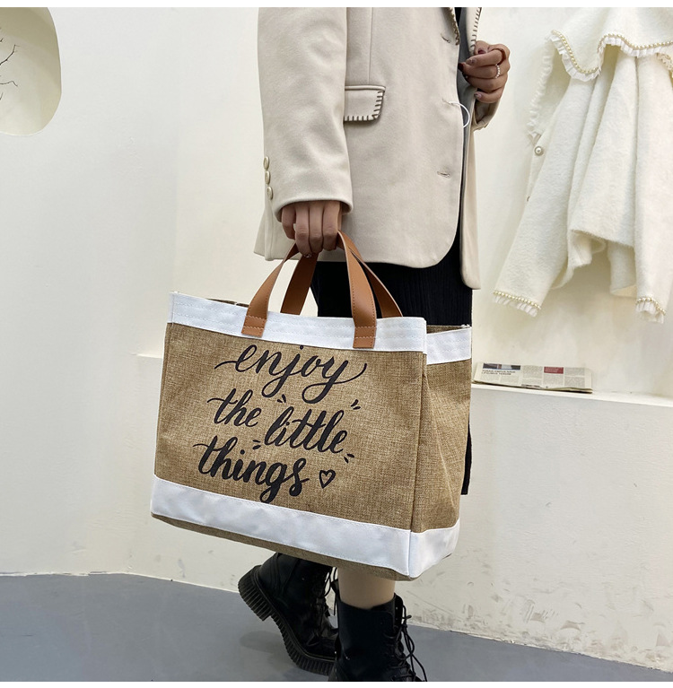 360g Weight Open Closure Type Top Handle Strap Type Tote Bag Bags Type Casual, Daily Occasion cotton and linen Material Letter Pattern All Seasons Season Women's Gender Basic, Classic Style Style Square Shape Large Size Women's Large Cotton And Linen Letter Basic Classic Style Square Open Tote Bag 13