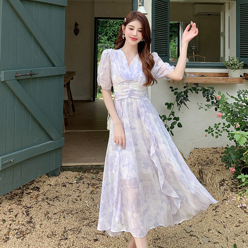 Gentle Style Retro Ink Smudged Print Dress Summer Sweet Elegant Elegant Ruffled Chiffon Fairy Dress