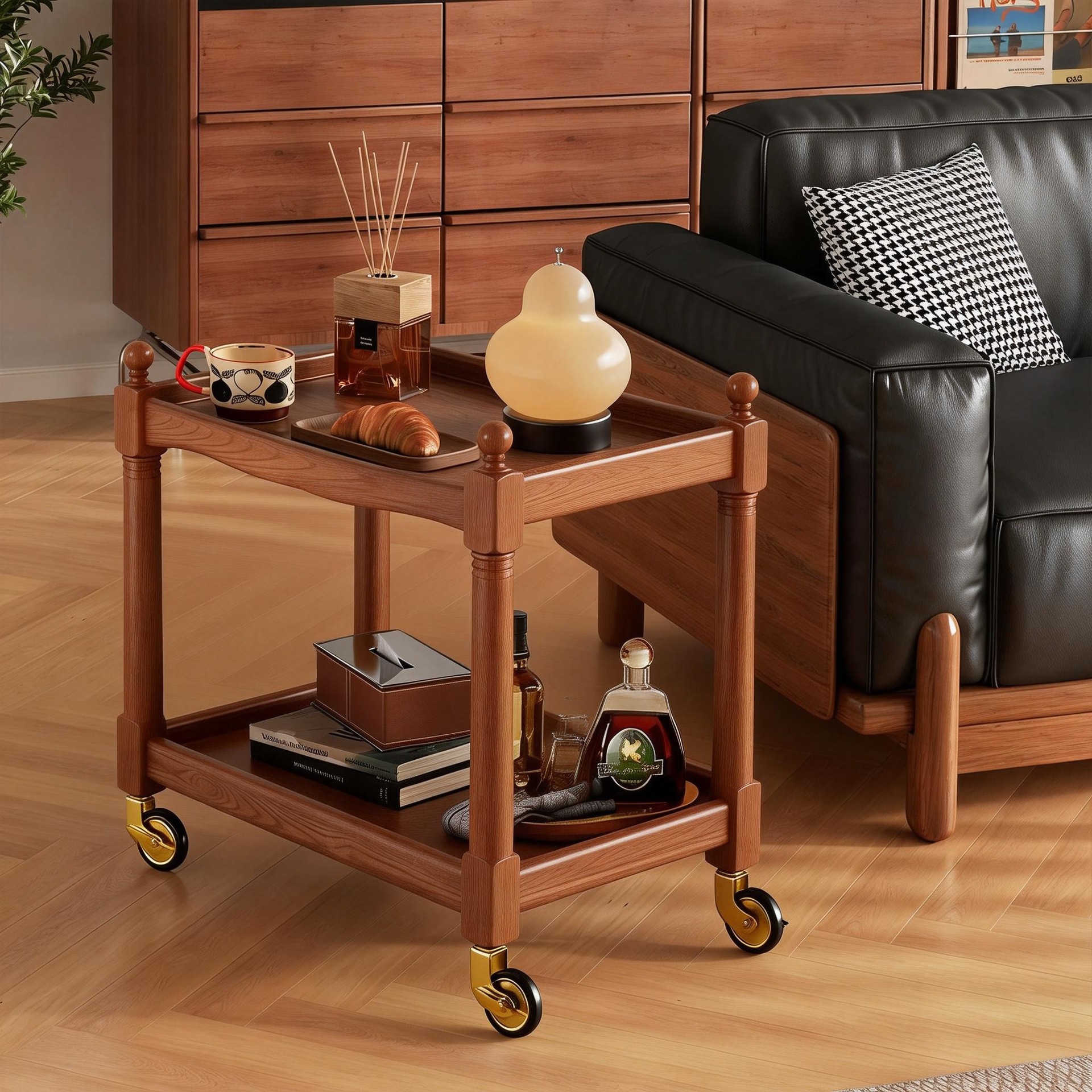 Caminillo móvil mesa de té sala de estar estilo medieval casero mesa de madera sólida doble capa sofá estante lateral mesa lateral