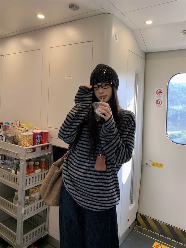 美式复古条纹长袖t恤女早秋季2025新款oversize松弛感慵懒风上衣|undefined