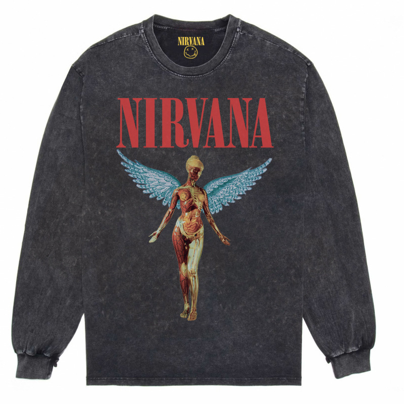 Autumn and Winter European and American Nirvana Nirvana Vintage rock oversize distressed washed batik long-sleeved T-shirt