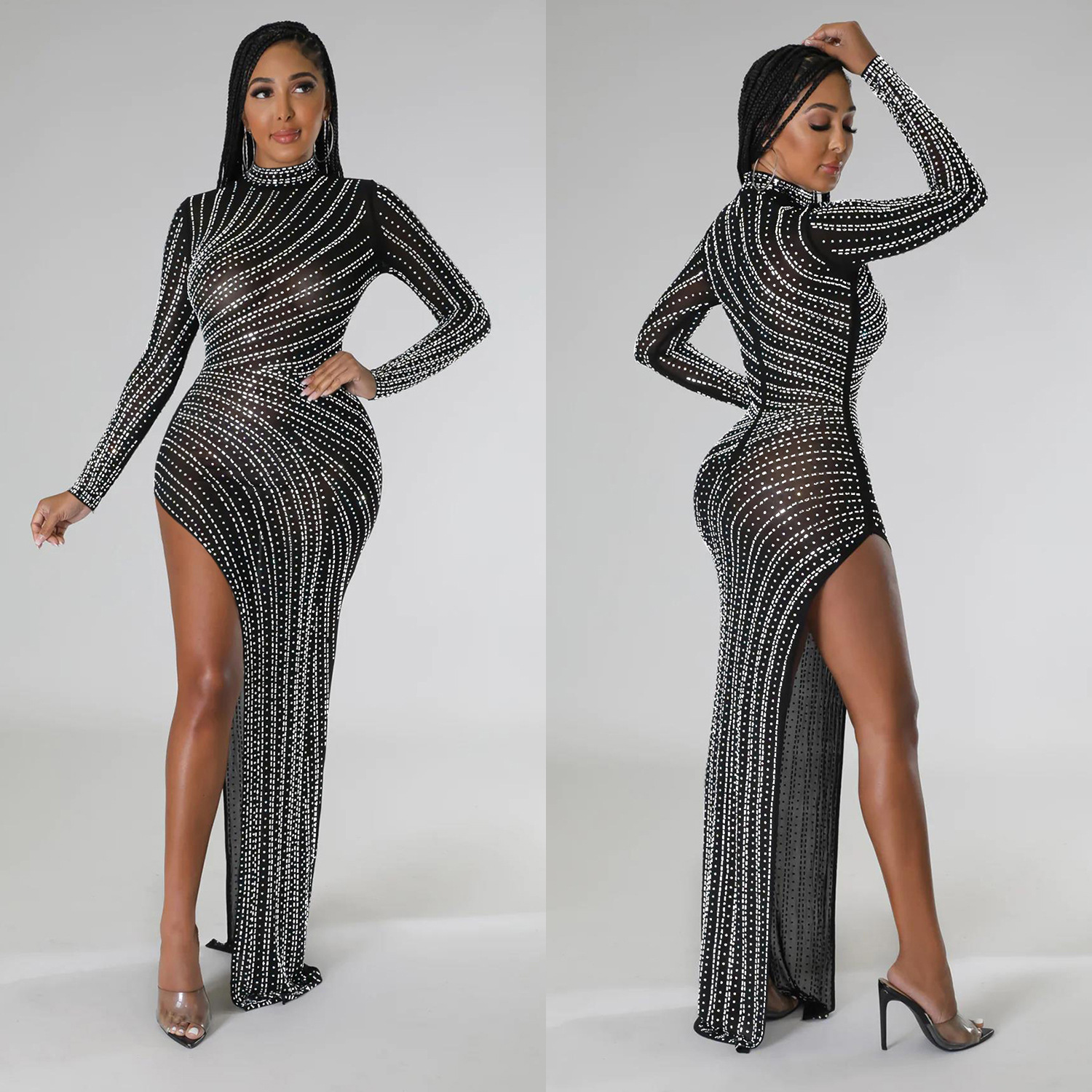 C6040 transfronteriza AliExpress Amazon Europa y América de las mujeres de moda de color sólido de malla rhinestone Vestido de manga larga vestido