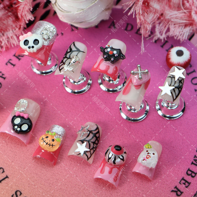 Popular European and American Short-Style Duckbill Nail Tips with Skull, Pumpkin Eyeball, Spider Web, Cartoon Spicy Girl Style Halloween Nail Art Popular European and American Short-Style Duckbill Nail Tips with Skull, Pumpkin Eyeball, Spider Web, Cartoon Spicy Girl Style Halloween Nail Art
