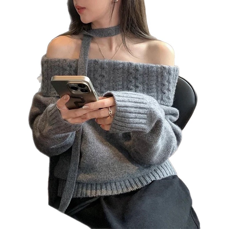 韓国風ワンショルダーリボンオフショルダーセーター女性用25秋冬優しい風ツイストニットセータープルオーバートップ