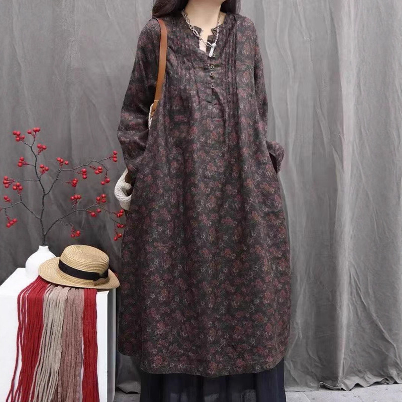 2025 Autumn New Retro Casual Easiest for Match Printed Buttoned Linen Long Sleeve Loose Slim Round Neck Dress for Women