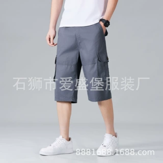 源头厂家夏季新款男士松紧腰七分裤纯色大码肥佬宽松户外工装短裤