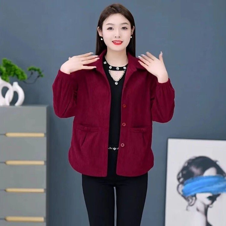 妈妈装灯芯绒外套春秋季新款高档减龄中老年女大码宽松休闲薄上衣