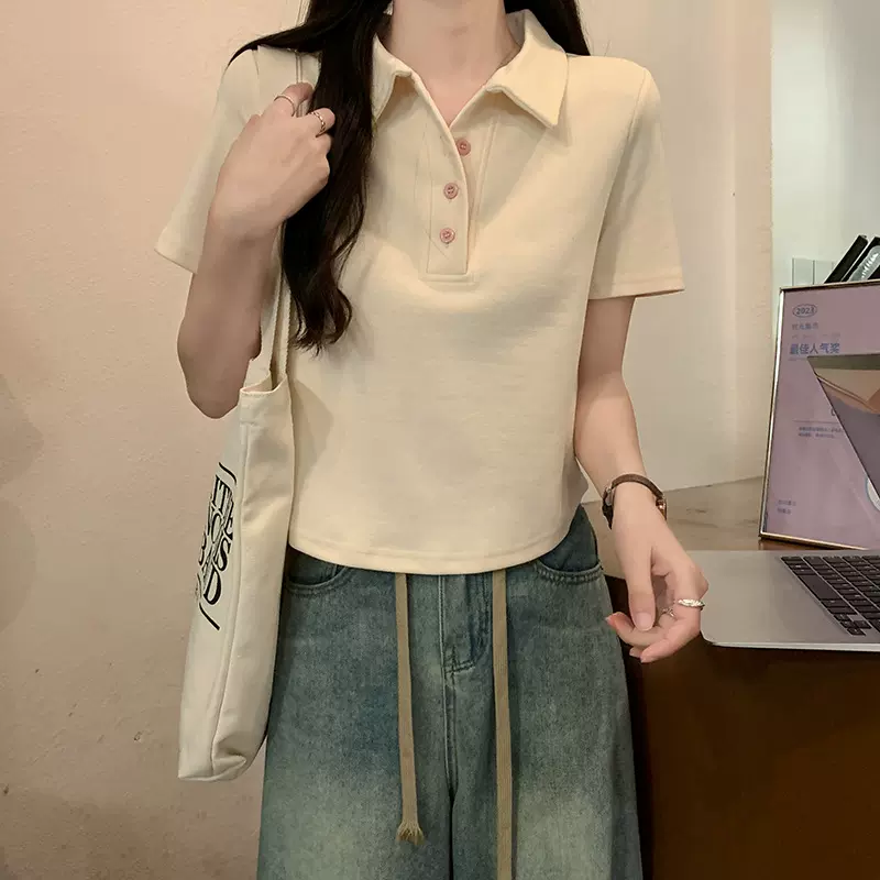 正肩polo领短袖t恤女夏季韩系chic高级感洋气修身显瘦甜美上衣服