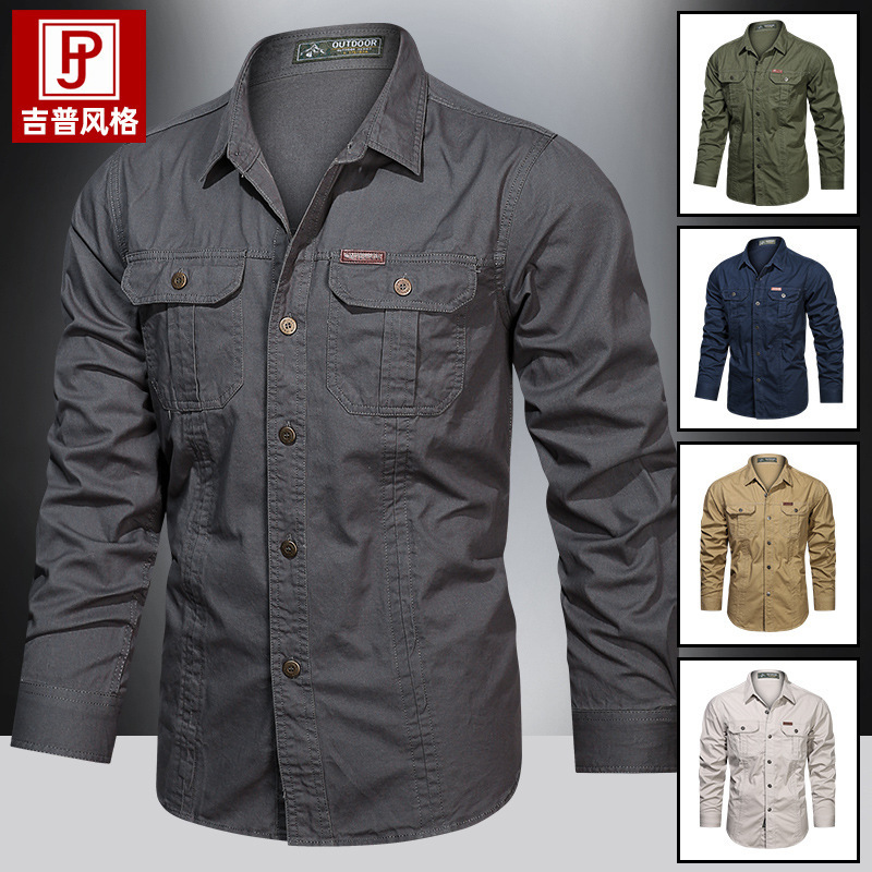 Spring loose long-sleeve shirt for men, business fashion casual large size multi-pocket washed cotton work shirt, trendy men's shirt
