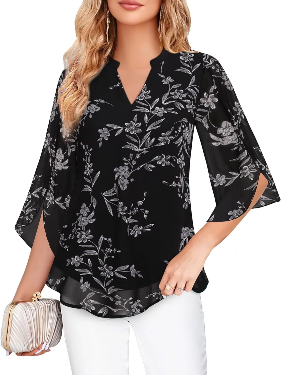 Damen Chiffonbluse Mit V-ausschnitt Und Blütenärmeln_voghion.com