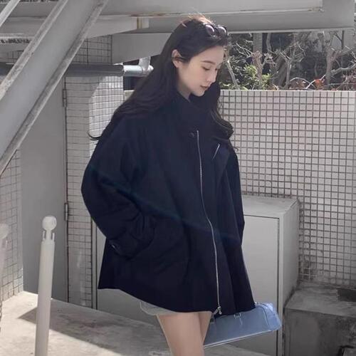 Korean chic autumn retro British-style stand-up collar design sense niche loose long-sleeved trench coat for women