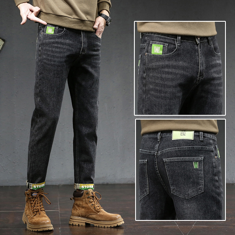 Neues Produkt, hochwertige, gewaschene, schmal geschnittene, elastische, bestickte Jeanshose für Herren mit geradem Bein, dick für Herbst und Winter_voghion.com