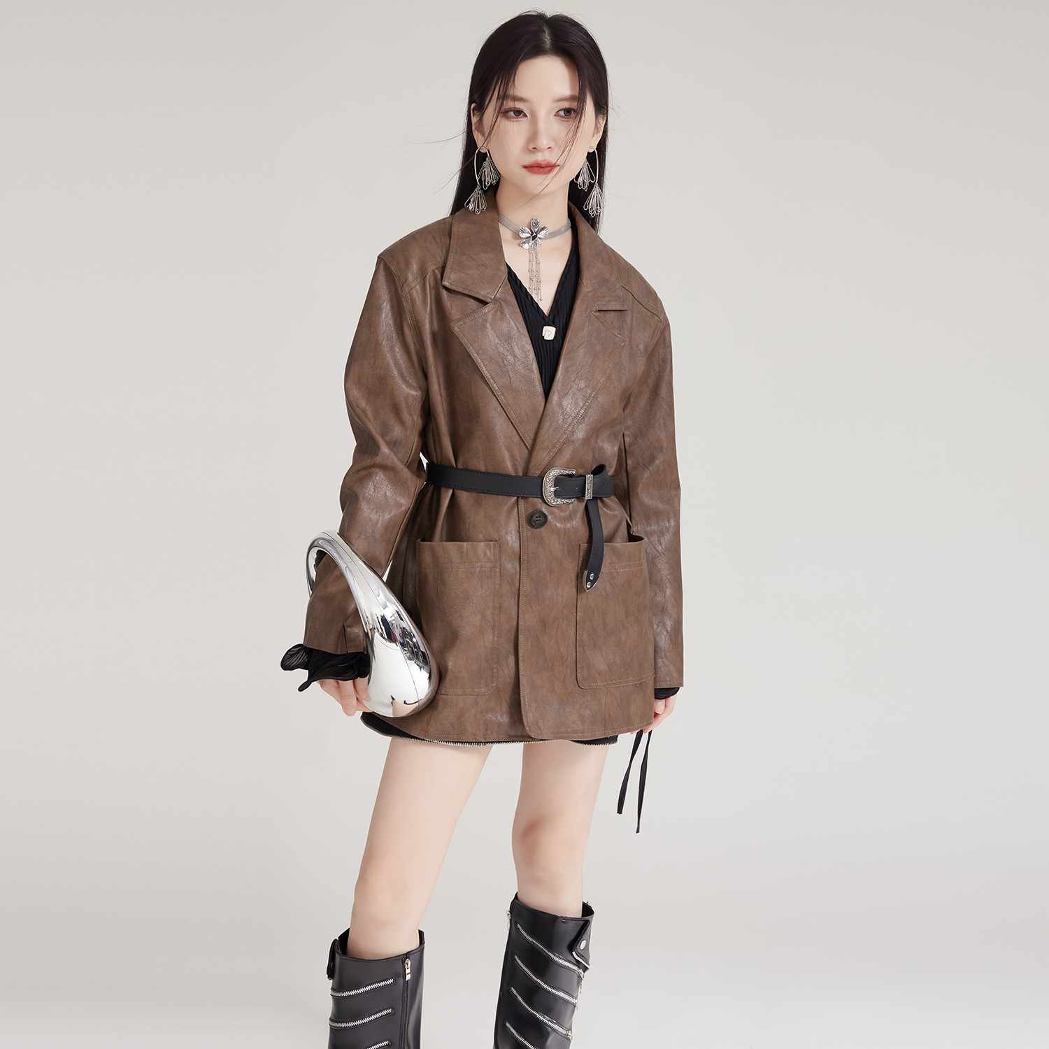中创日臻美拉德PU皮衣外套女2025秋美式复古上衣西装小个子高级感