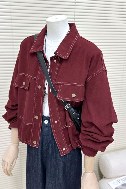 Chao Looks Good! French Retro Burgundy Denim Jacket Women's Autum Short Jacket High-End Loose Top Trendy