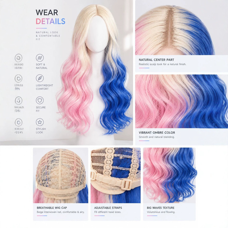 Movie Squad Harley Quinn Cosplay: Blue and pink two-tone, center-parted wig for Halloween makeup Movie Squad Harley Quinn Cosplay: Blue and pink two-tone, center-parted wig for Halloween makeup