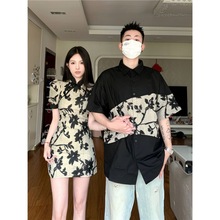 小众设计感情侣装夏季韩版短袖T恤女旗袍连衣裙法式一裙一衣ins潮