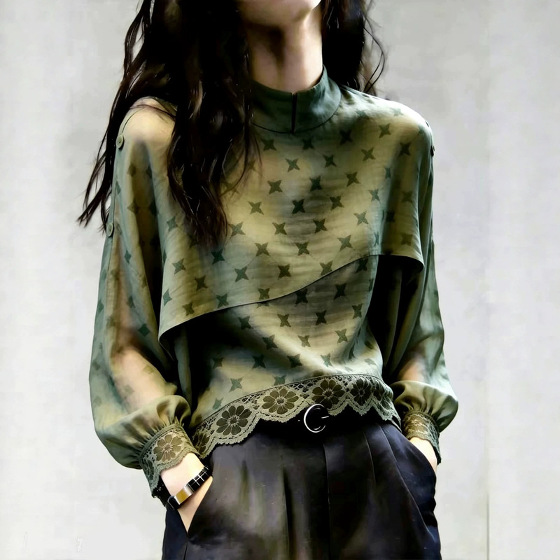French-style retro printed, openwork long-sleeved green shirt for women, 2026 autumn new collection, lace patchwork top, A14394 French-style retro printed, openwork long-sleeved green shirt for women, 2026 autumn new collection, lace patchwork top, A14394