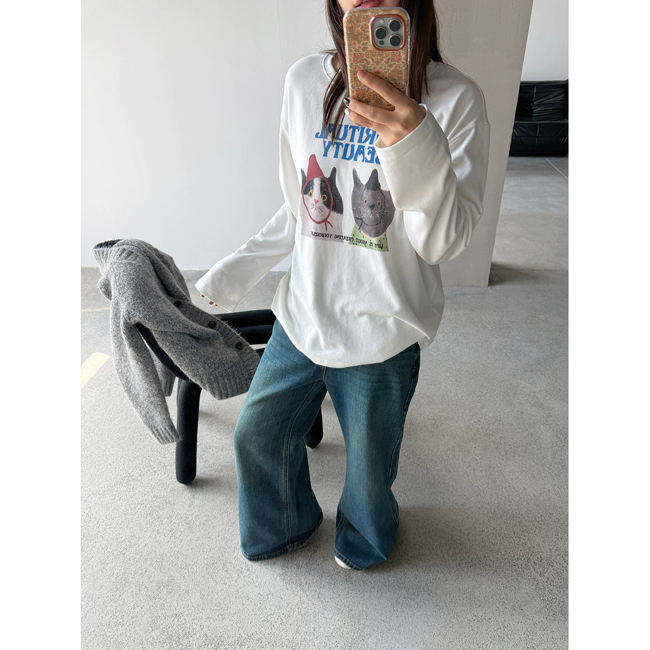 【王琪芝】蛋白软糯卡通猫咪T恤女韩系宽松长袖基础款打底衫WQ019