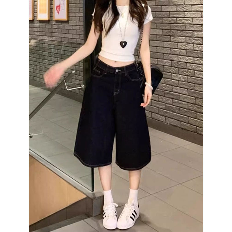 Plus Size American-Style Dark Blue Denim Cropped Shorts for Women, Summer High-Waisted Loose Slimming Straight Wide-Leg Mid-Length Shorts