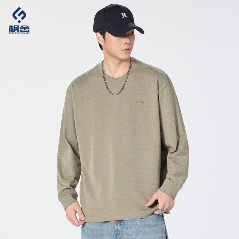 Maple House Men's Clothing / Long-sleeved T-shirt, Japanese retro round neck, solid color, embroidered label, textured, spring 2026 new style