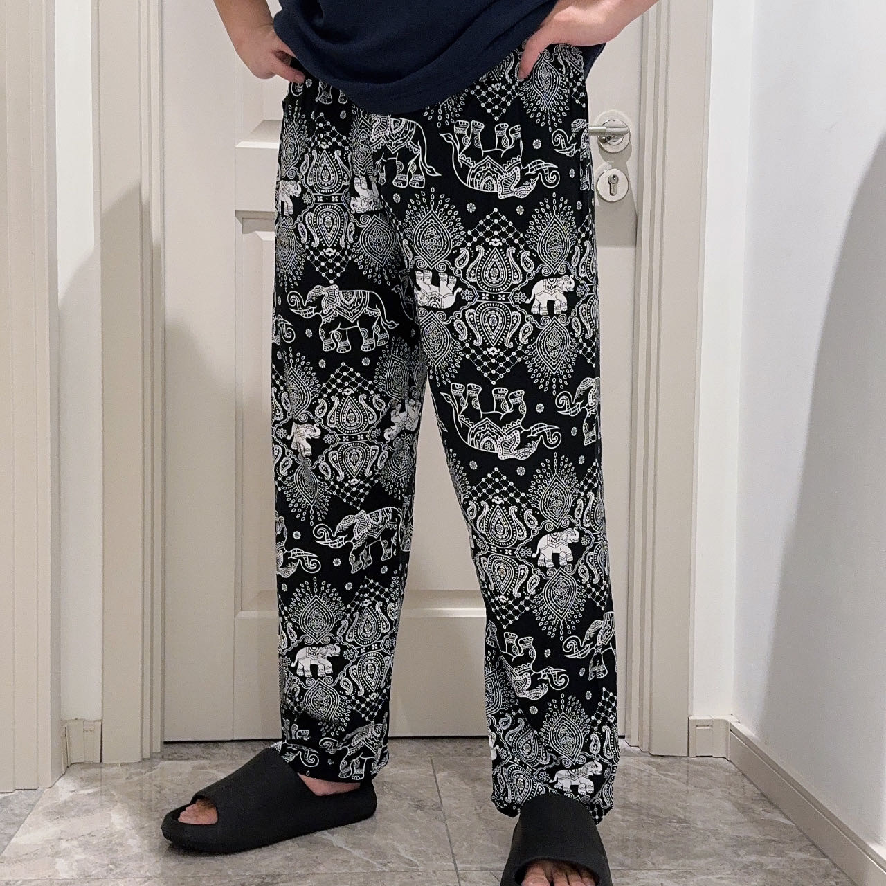 Pantalones casuales para hombre, pantalones harem de algodón y rayón, pantalones de pierna ancha, pantalones para dormir, talla grande, sueltos, transpirables, estilo informal y relajado