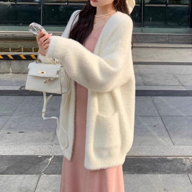 慵懒风仿水貂绒毛衣外套女秋冬日韩宽松大版口袋V领针织开衫女|undefined
