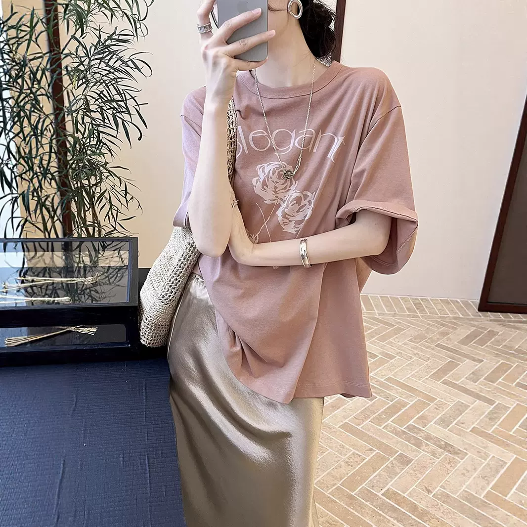 初打十三行2025夏季新款法式纯棉时髦松弛玫瑰印花短袖T恤女TB805