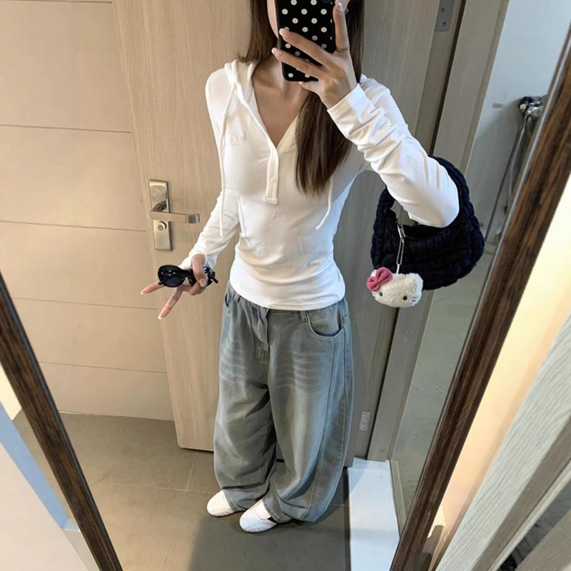 美式辣妹半开v领纽扣连帽正肩长袖T恤女夏季修身显瘦短款上衣批发|undefined